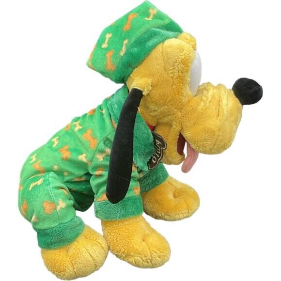 Disney Store Pluto Plush Dog In Green Pajamas With Bone Print 9" Stuffed Animal - Picture 4 of 6